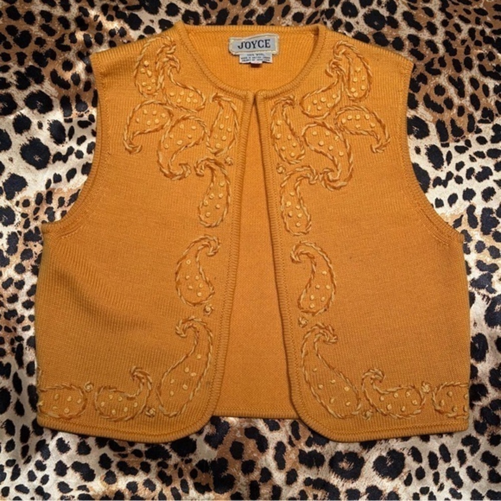 Vintage 1960s Joyce Yellow Paisley Embroidered Wool Sweater Vest